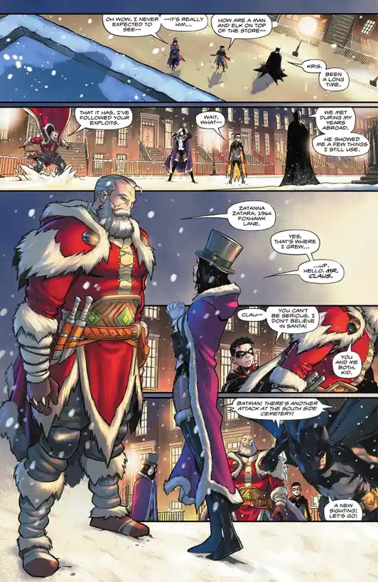 A comic book panel shows Batman and Robin encountering a muscular, bearded man in a red and white Santa Claus outfit with…