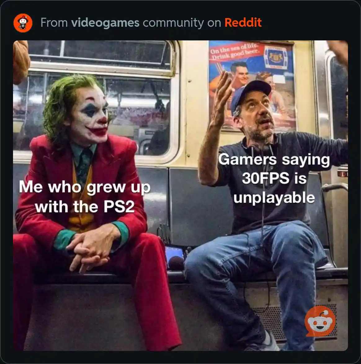 Two men sit on a subway bench; the man on the left, dressed in a red suit with clown makeup, has text overlaid reading 'Me…