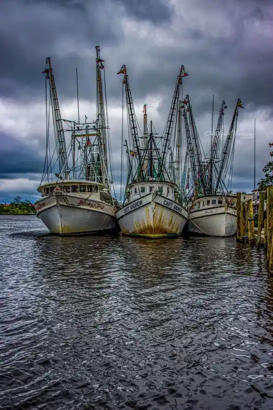 Three weathered shrimp boats named 'Wesley's Pride', 'Capt. Andrew', and 'Miss Dine' are docked side-by-side under a…