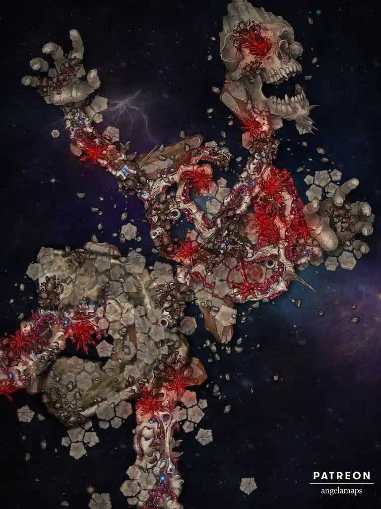 A cosmic, skeletal map composed of floating bones, skulls, and red crystalline structures against a starry space background…