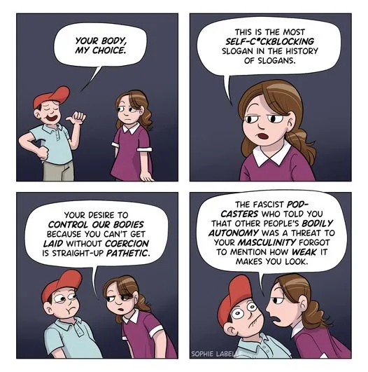 A four-panel comic strip shows a man in a red cap and a woman in a purple shirt having a heated argument. The man says 'YOUR…