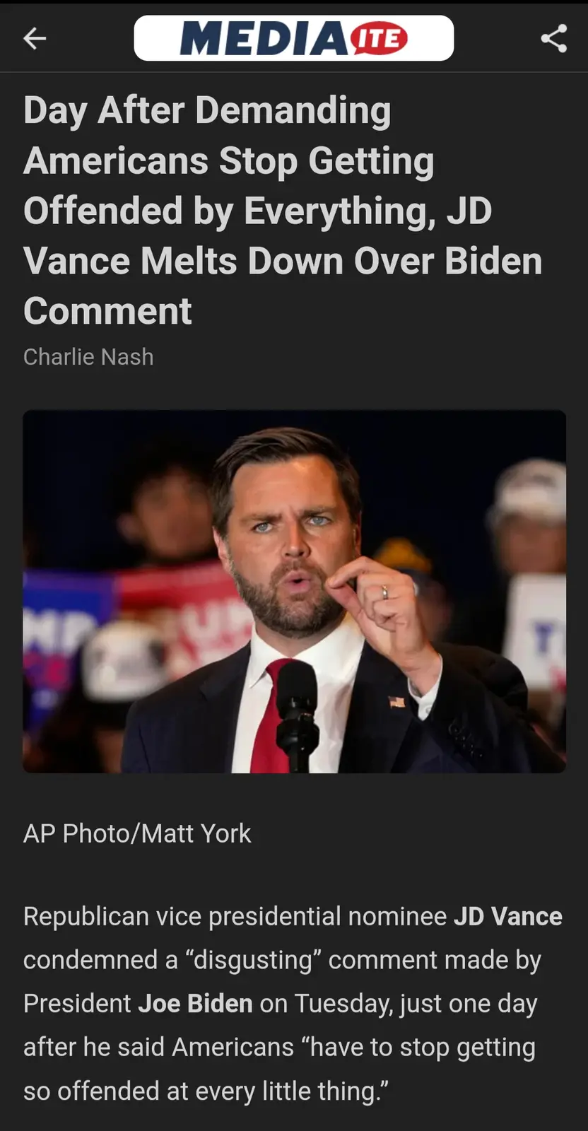 A screenshot of a Mediaite article shows a photo of JD Vance speaking at a podium with a microphone, looking visibly upset…