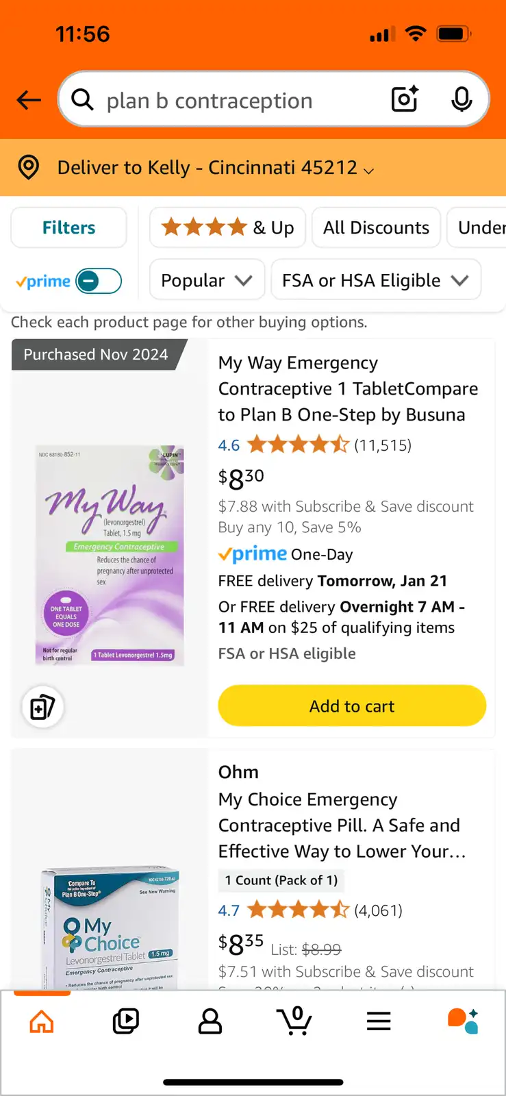 A screenshot of an Amazon search for 'plan b contraception' shows two product listings. The first is 'My Way Emergency…