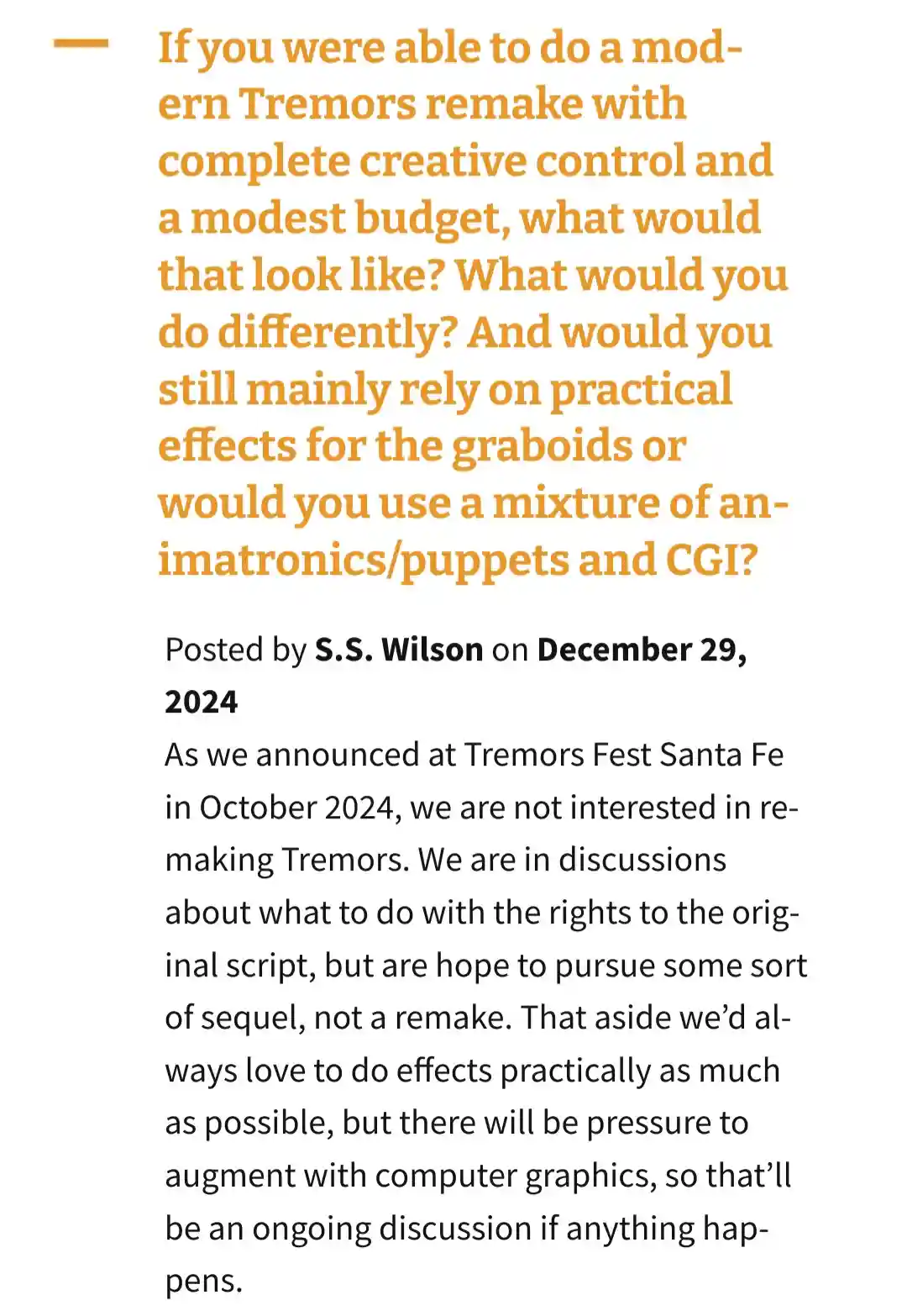 The image displays a text excerpt from a December 29, 2024, post by S.S. Wilson, discussing a hypothetical modern 'Tremors'…