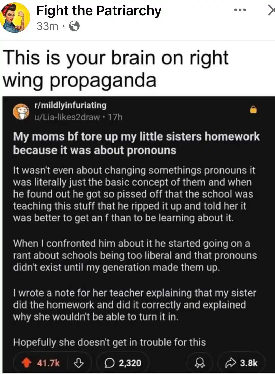 The image displays a Reddit post from r/mildlyinfuriating where a user recounts how their mother's boyfriend tore up their…
