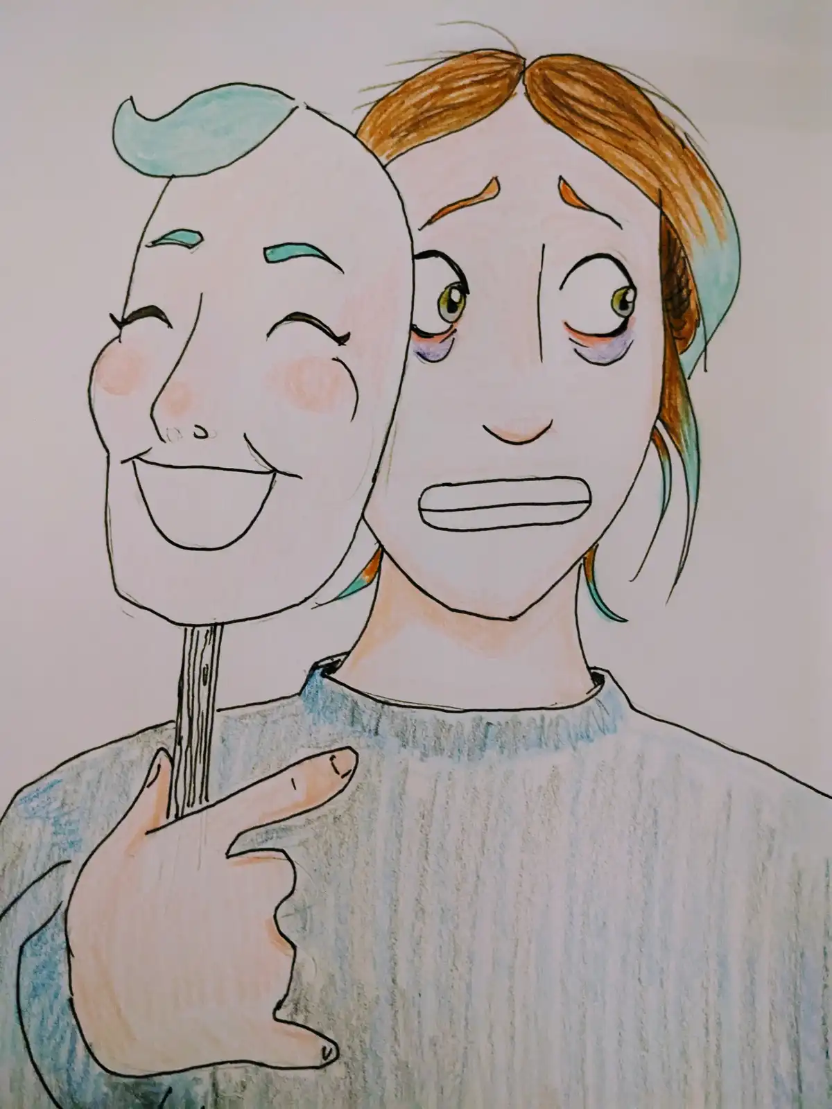 A hand-drawn cartoon depicts a person with brown hair and a blue sweater holding a smiling, cheerful mask on a stick. The…