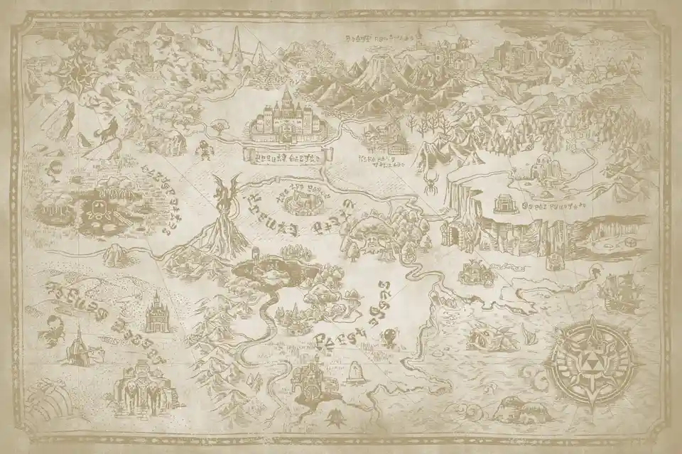 An intricately detailed fantasy map, resembling parchment, depicts a vast world with castles, mountains, forests, rivers…