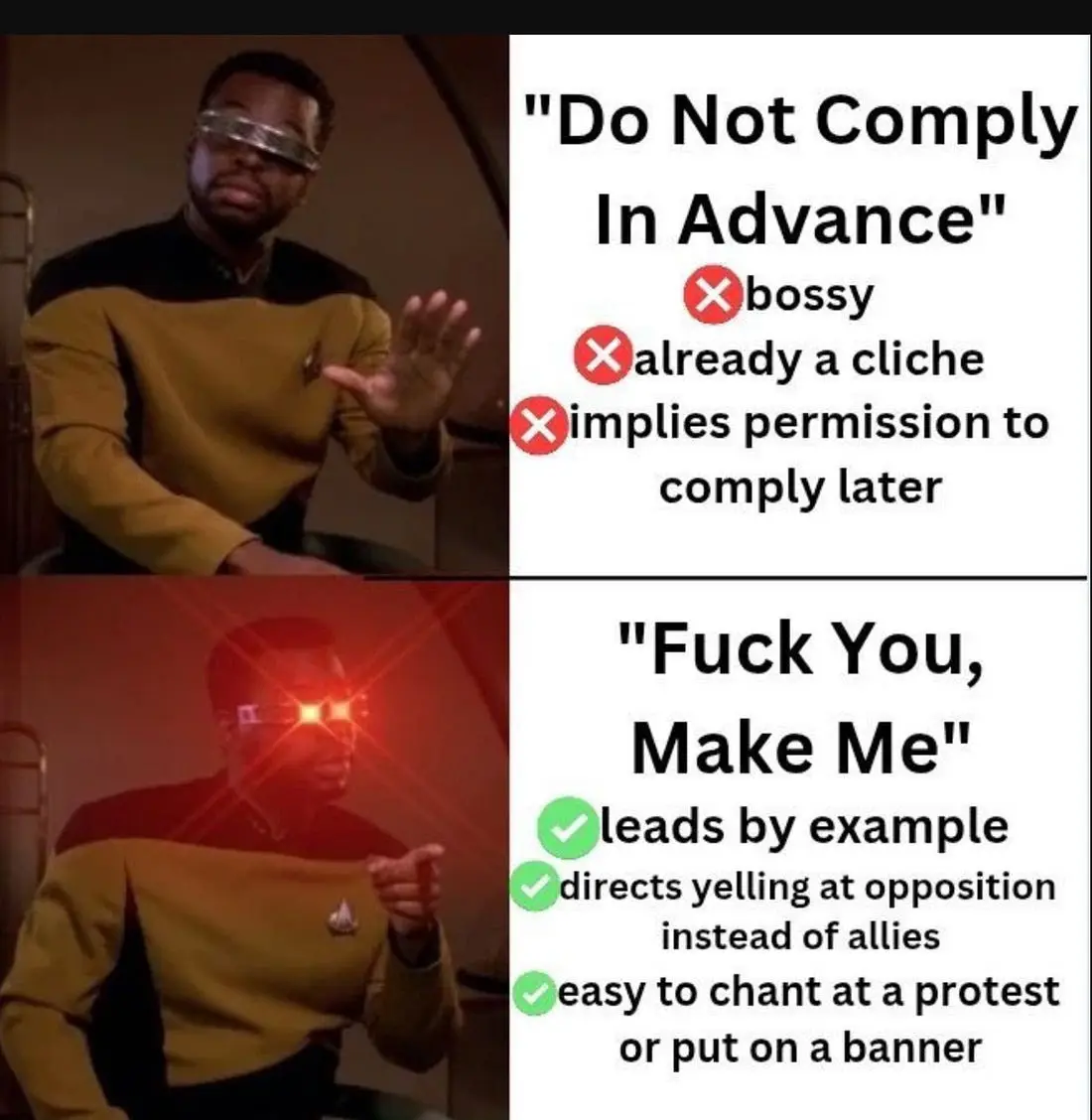 The image is split into two panels featuring a Black man in a Starfleet uniform from Star Trek: The Next Generation. In the…
