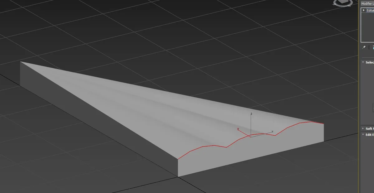 A 3D modeling software interface shows a gray paper airplane model with a red selection line along its edge, set against a…
