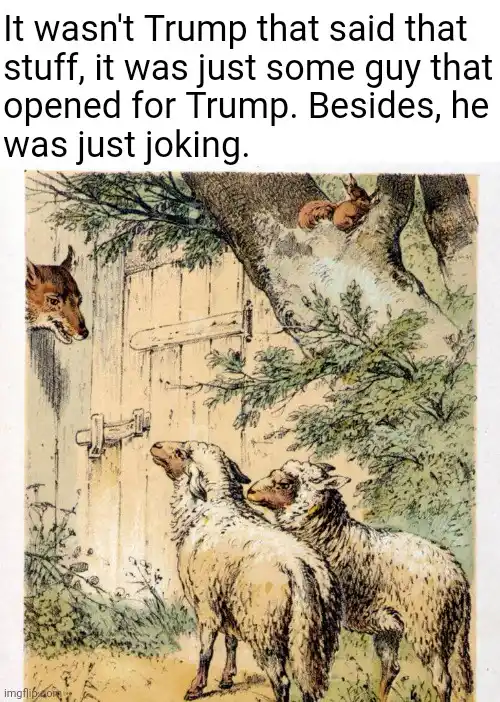 An illustration shows two sheep looking up at a fox peeking over a wooden fence, with a squirrel visible in a tree branch…