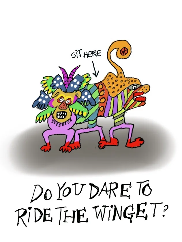 A colorful, cartoonish, multi-headed creature with wings and a striped body is depicted walking, with an arrow pointing to…