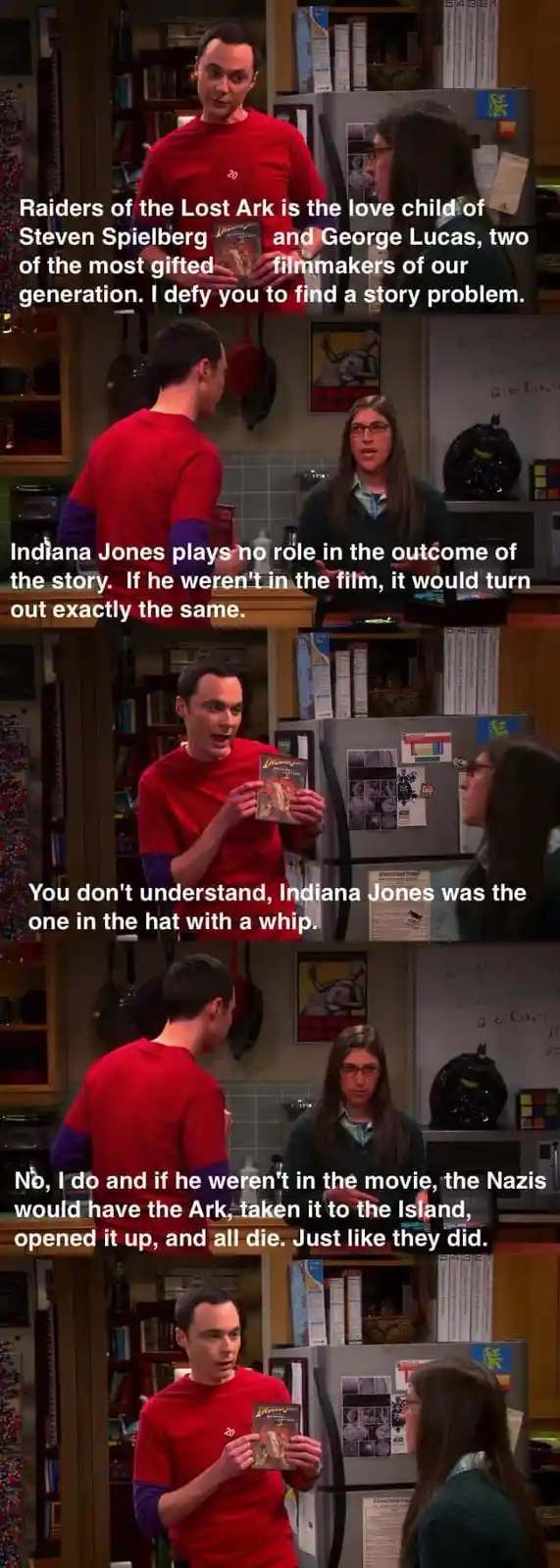 A five-panel meme from 'The Big Bang Theory' featuring Sheldon Cooper holding a 'Raiders of the Lost Ark' VHS cover and…
