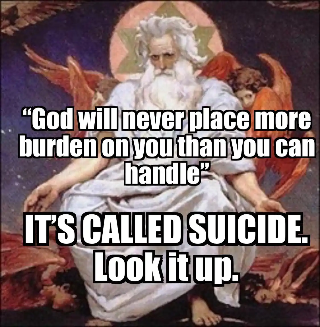An image of a classical painting depicting a bearded, winged deity seated on a throne with a halo, overlaid with bold white…