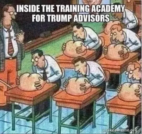 A cartoon depicts a classroom scene where multiple men in business attire are hunched over desks, each holding a large…