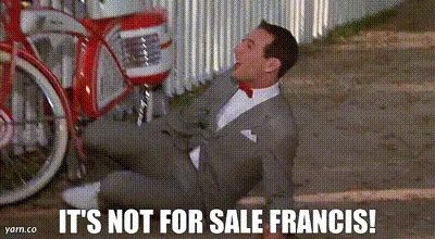 A man in a grey suit and red bow tie repeatedly shouts 'IT'S NOT FOR SALE FRANCIS!' while gesturing at a red bicycle, then…