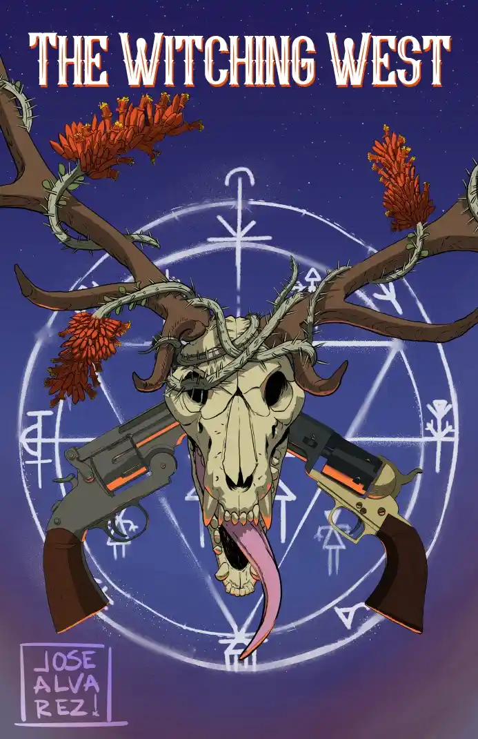 A stylized illustration features a deer skull with large antlers, wrapped in thorny vines and adorned with orange flowers…