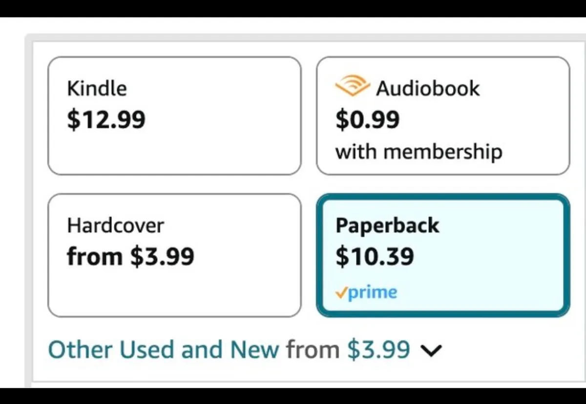 An Amazon product page screenshot showing four book format options with prices: Kindle at $12.99, Audiobook at $0.99 with…