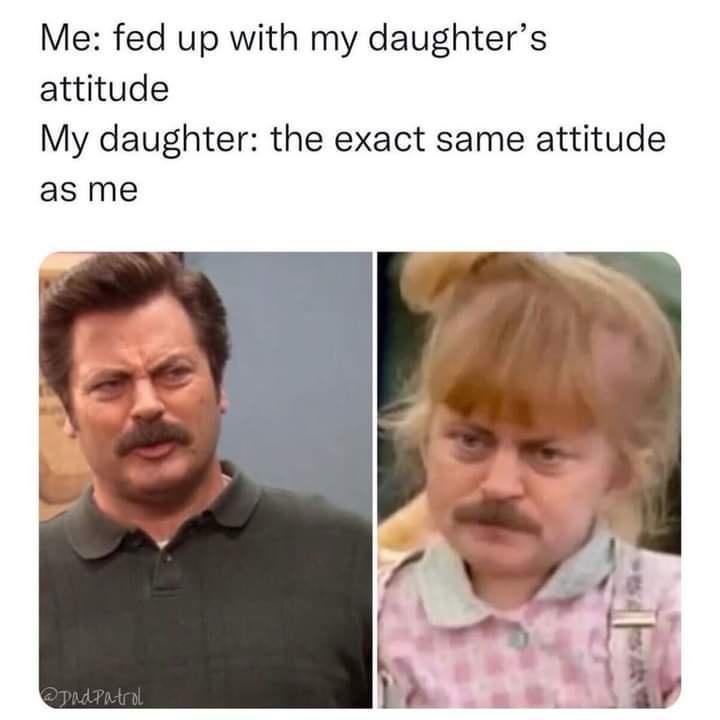 The image displays two side-by-side photos: on the left, a man with a mustache and a stern, annoyed expression; on the…