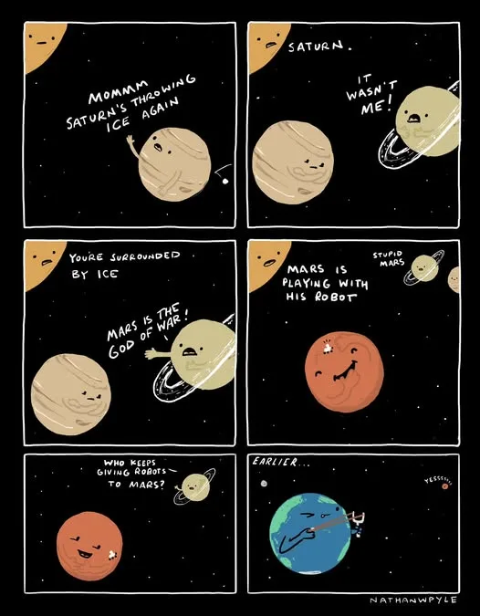 A six-panel comic strip by Nathan W. Pyle shows cartoon planets with expressive faces. Saturn, with rings, is accused of…