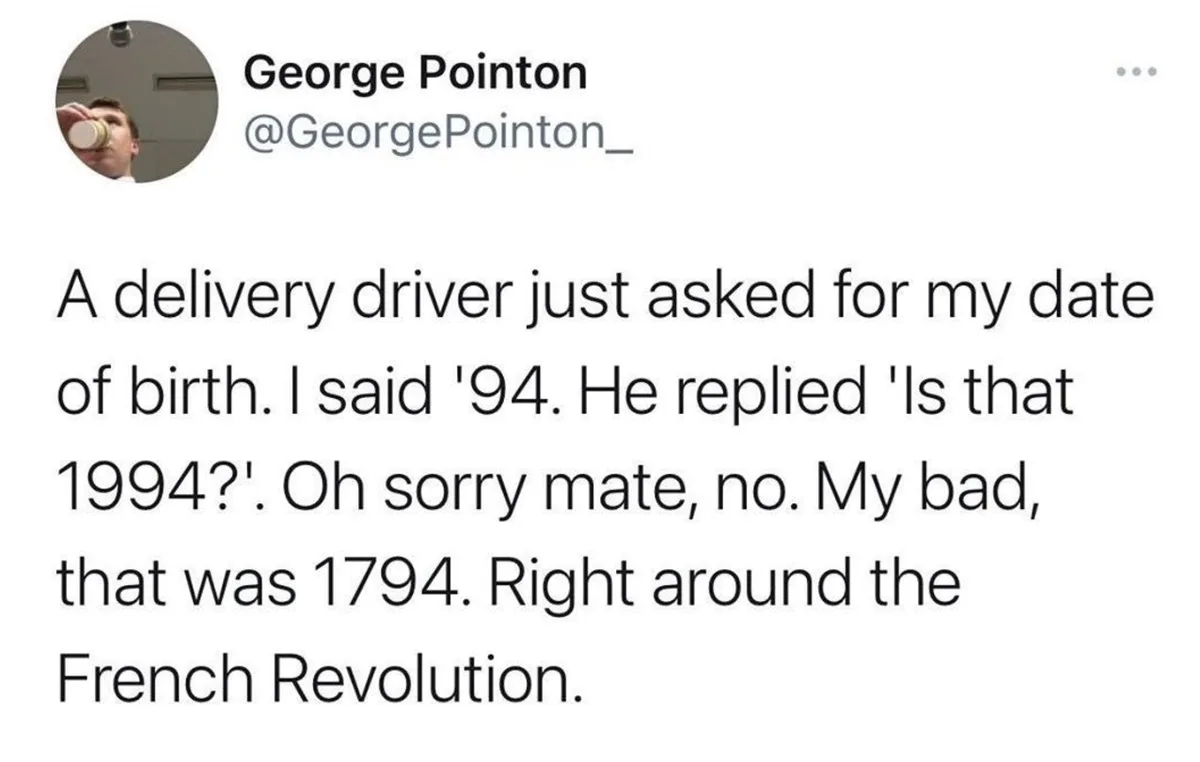 The image shows a tweet from George Pointon with a profile picture of a man drinking from a cup. The text recounts a…