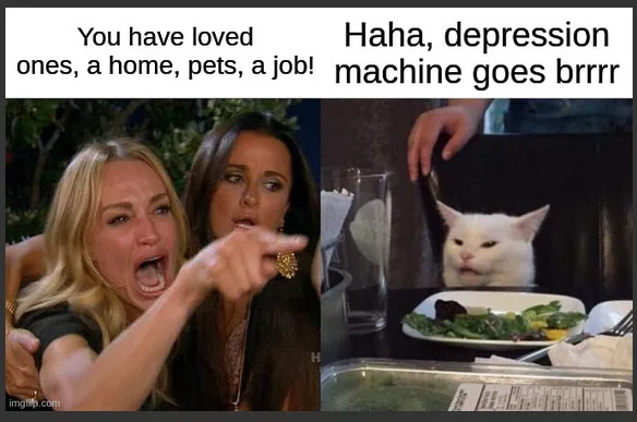 The image is split into two panels. Left: Two women, one screaming and pointing angrily, the other looking shocked. Right: A…