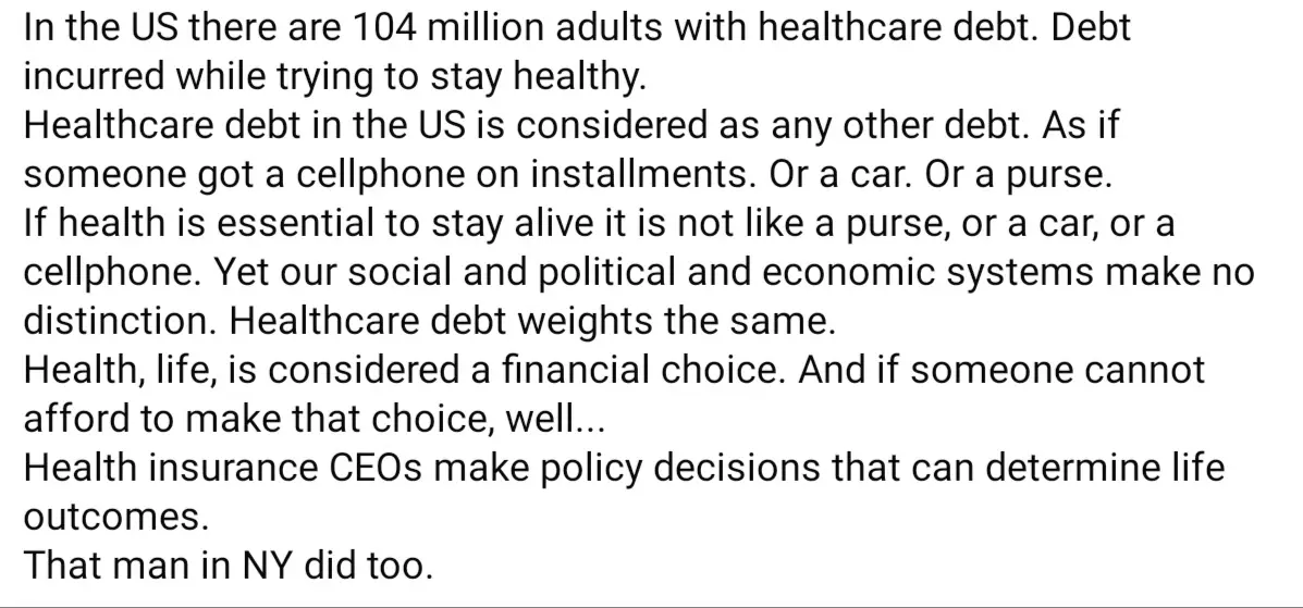 A plain white background with black text that presents a lengthy argument about the financial burden of healthcare in the…