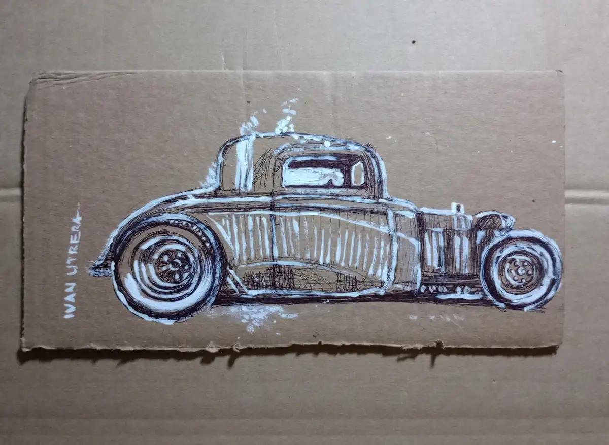 A hand-drawn sketch of a classic hot rod car on a piece of cardboard, rendered with black and white chalk or crayon. The…