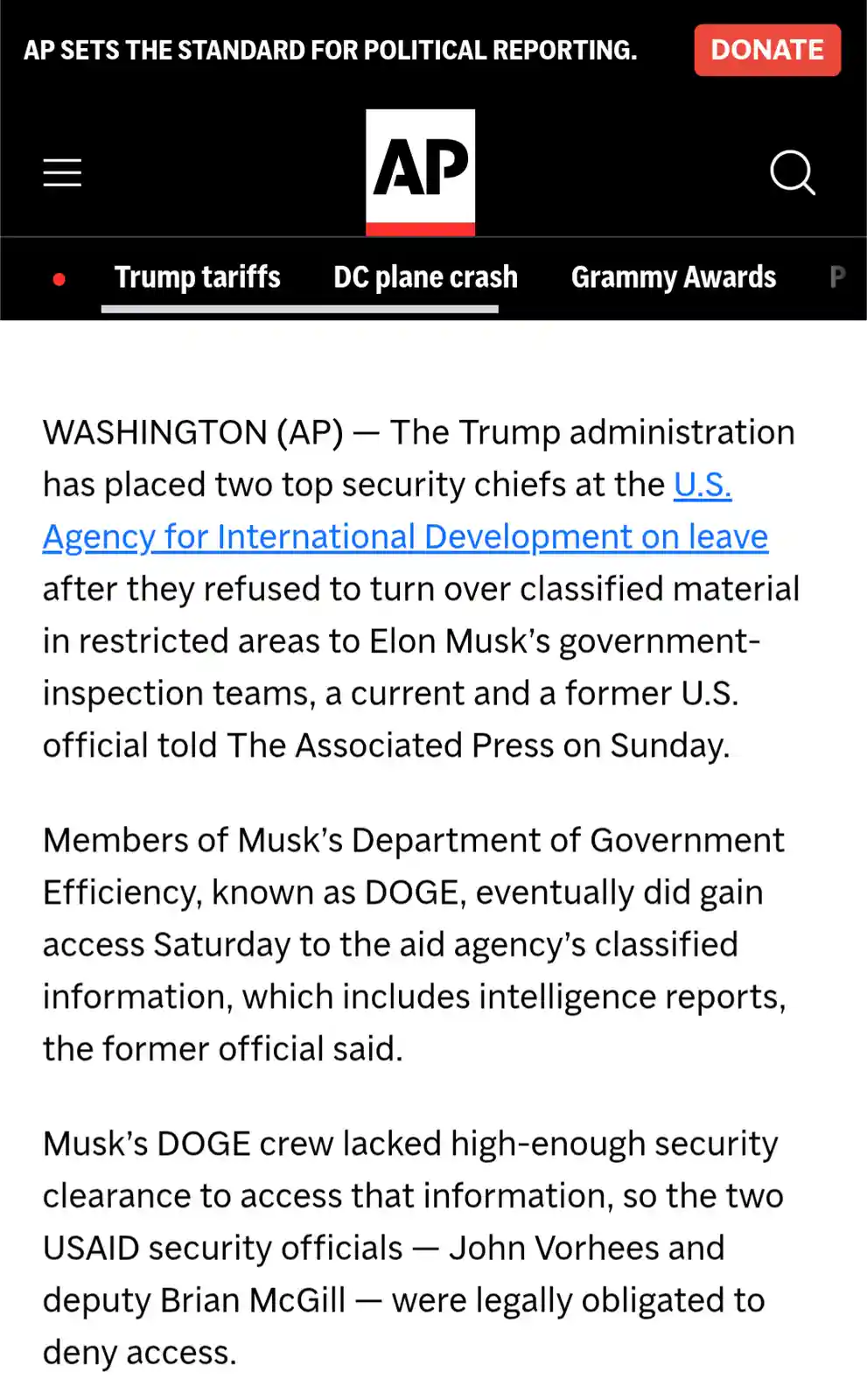 A screenshot of an Associated Press news article with a satirical headline and body text. The article falsely claims that…