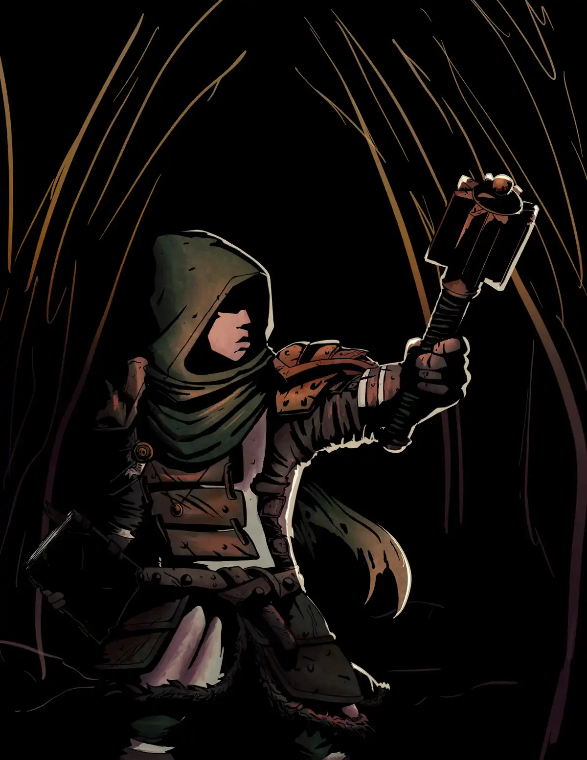 A hooded, armored fantasy warrior with a determined expression holds a large hammer aloft against a dark background with…