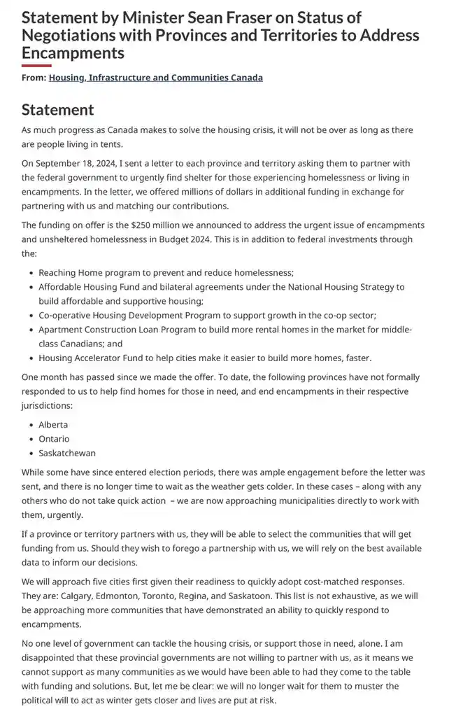 A screenshot of a government statement from Housing, Infrastructure and Communities Canada, dated September 2024, detailing…