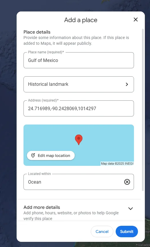 A screenshot of a Google Maps 'Add a place' form where 'Gulf of Mexico' is entered as the place name, 'Historical landmark'…