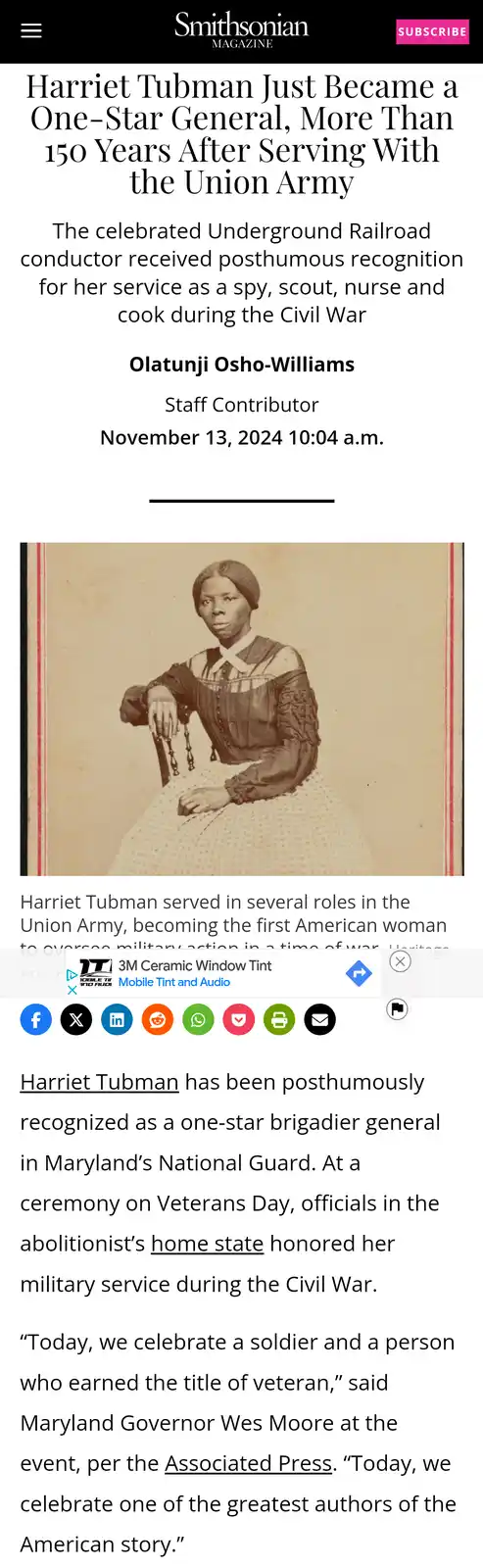 A screenshot of a Smithsonian Magazine article about Harriet Tubman being posthumously awarded a one-star general rank. The…