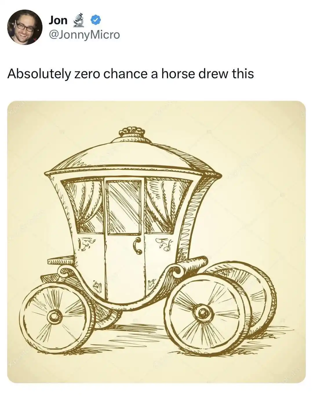 A detailed, elegant sketch of a horse-drawn carriage with ornate wheels, curtains, and a domed roof, overlaid with the text…