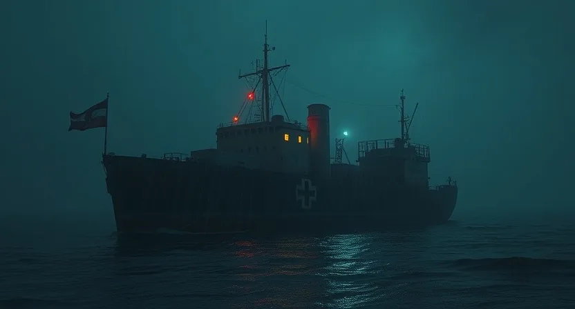 A dark, foggy night scene featuring a large ship with a red cross symbol on its side and a flag flying from its mast. The…