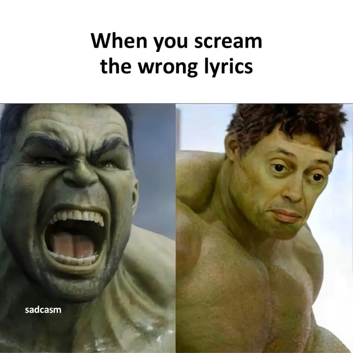 The image shows a split-screen of the Hulk: on the left, he is roaring with an angry, intense expression; on the right, he…