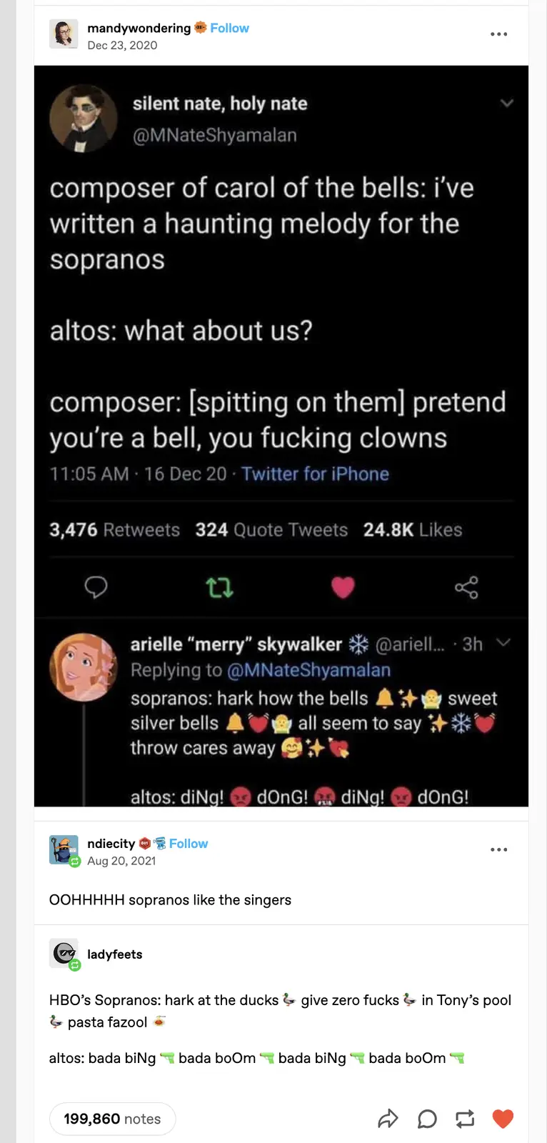 A screenshot of a Twitter thread where a user jokingly claims to be the composer of 'Carol of the Bells' and dismisses altos…