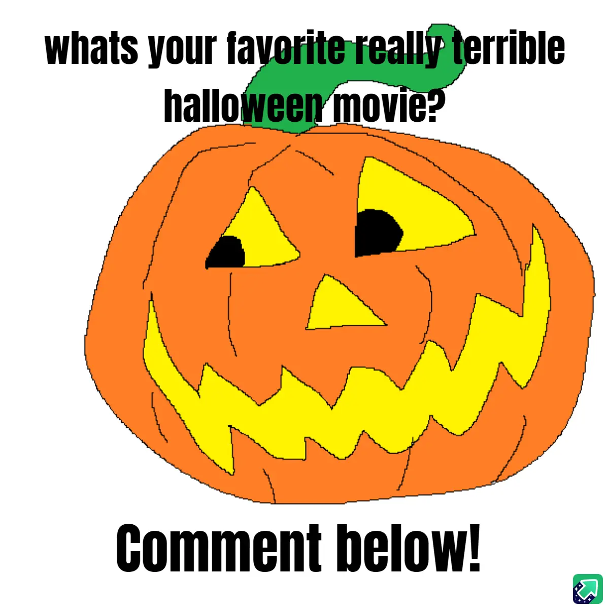 A cartoon-style orange jack-o'-lantern with a jagged yellow grin and triangular eyes, topped with a green stem, is overlaid…