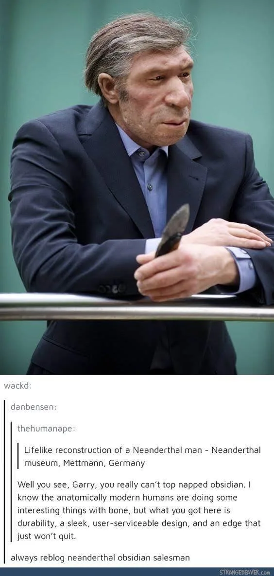 A man in a dark suit and blue shirt, holding a small obsidian blade, is shown in a museum setting. The overlaid text is a…