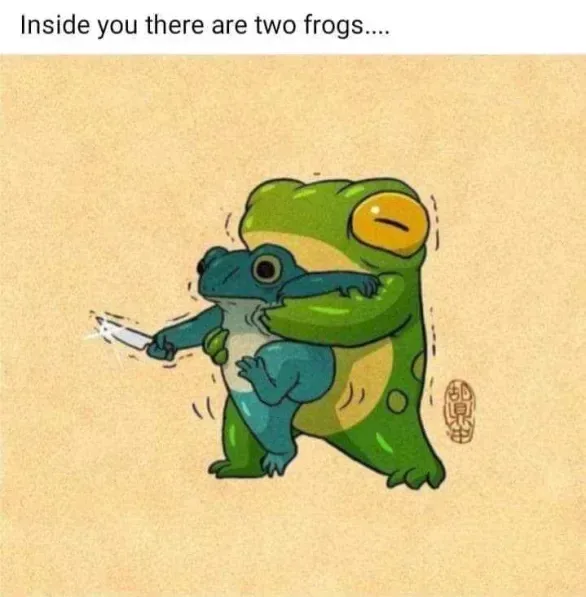 A cartoon illustration shows a smaller blue frog holding a knife while being hugged from behind by a larger green frog. The…