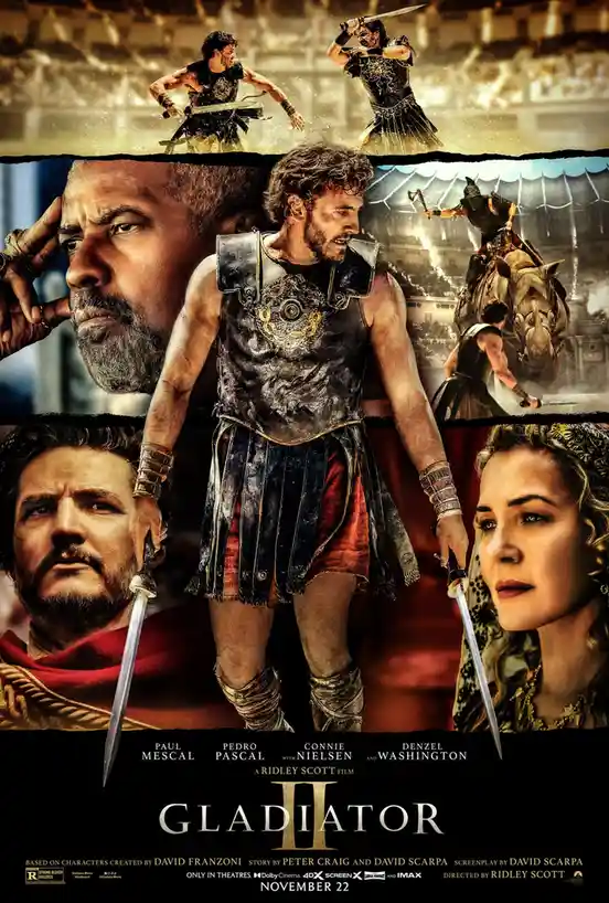 A movie poster for 'Gladiator II' featuring a central gladiator in armor holding two daggers, surrounded by close-ups of…