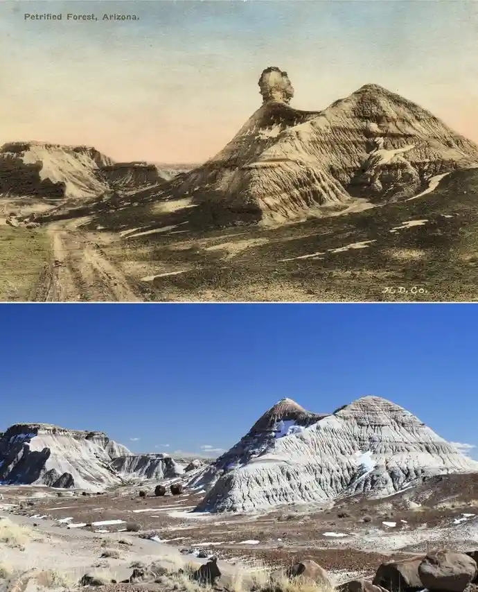 The image displays two photos of the same desert landscape at Petrified Forest, Arizona, stacked vertically. The top photo…