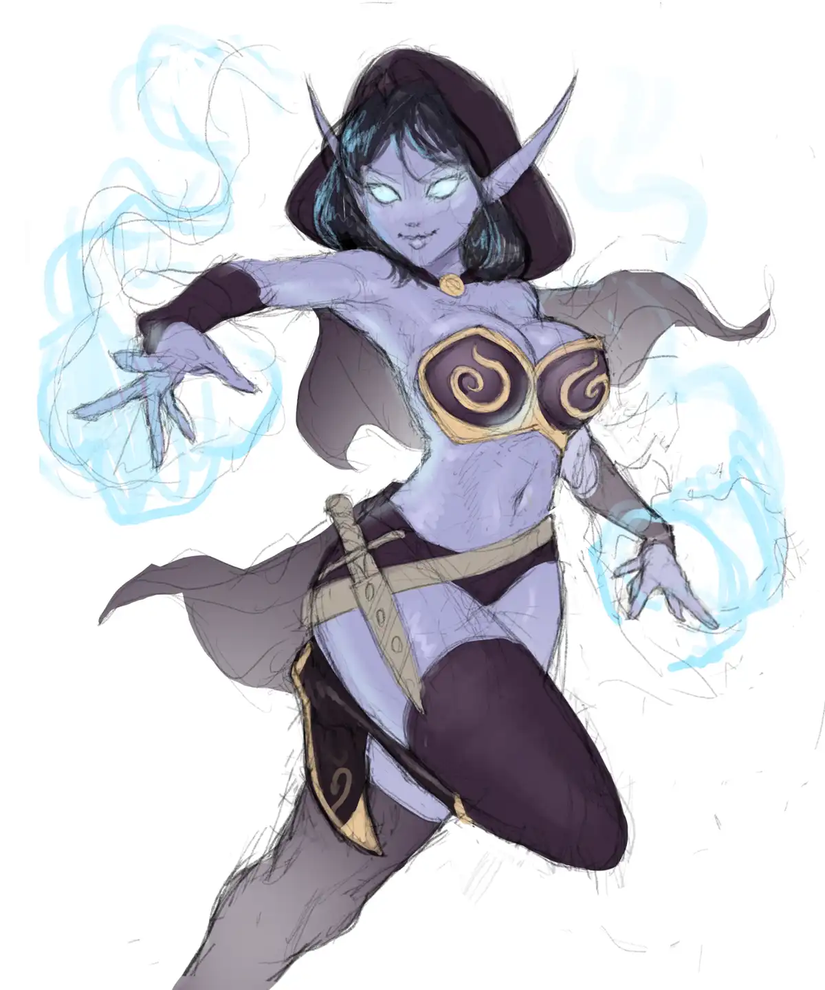 A purple-skinned, pointed-eared fantasy character with glowing eyes and dark hair, wearing a revealing outfit with gold…