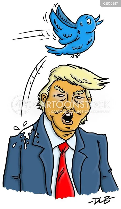 a cartoon depicts a man with blonde hair, wearing a blue suit and red tie, looking up in shock as a blue bird flies…