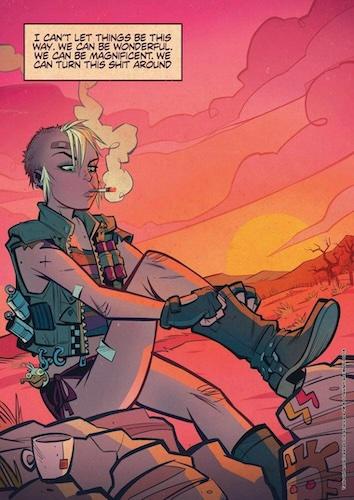 A comic panel shows a person with short blonde hair and a cigarette, sitting relaxed on rocks in a desert at sunset. They…