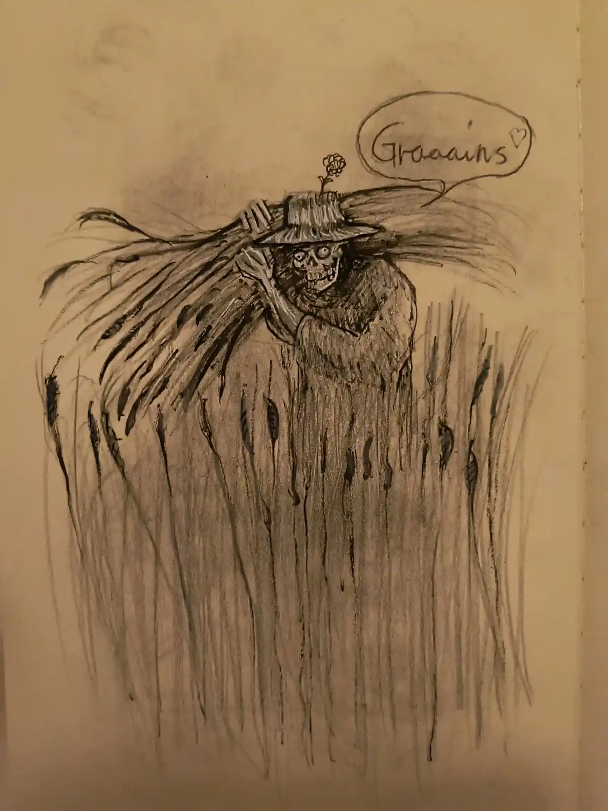 A hand-drawn, sepia-toned sketch depicts a skeletal scarecrow wearing a hat with a small flower, standing in tall grass. A…
