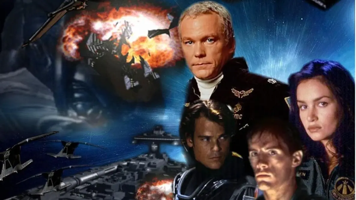 A collage image featuring four characters from the sci-fi TV show 'Battlestar Galactica' against a backdrop of space…