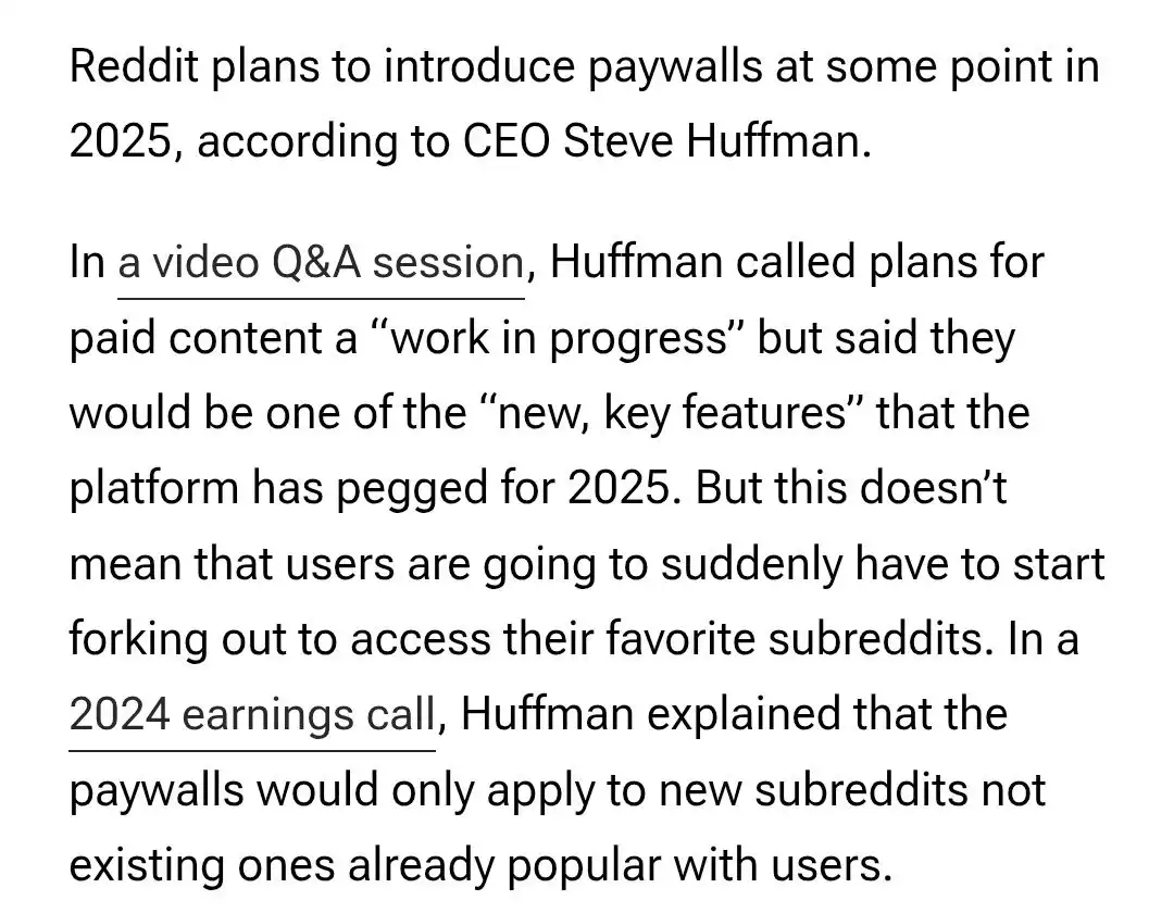 The image displays a block of black text on a white background, detailing Reddit CEO Steve Huffman's statements about…