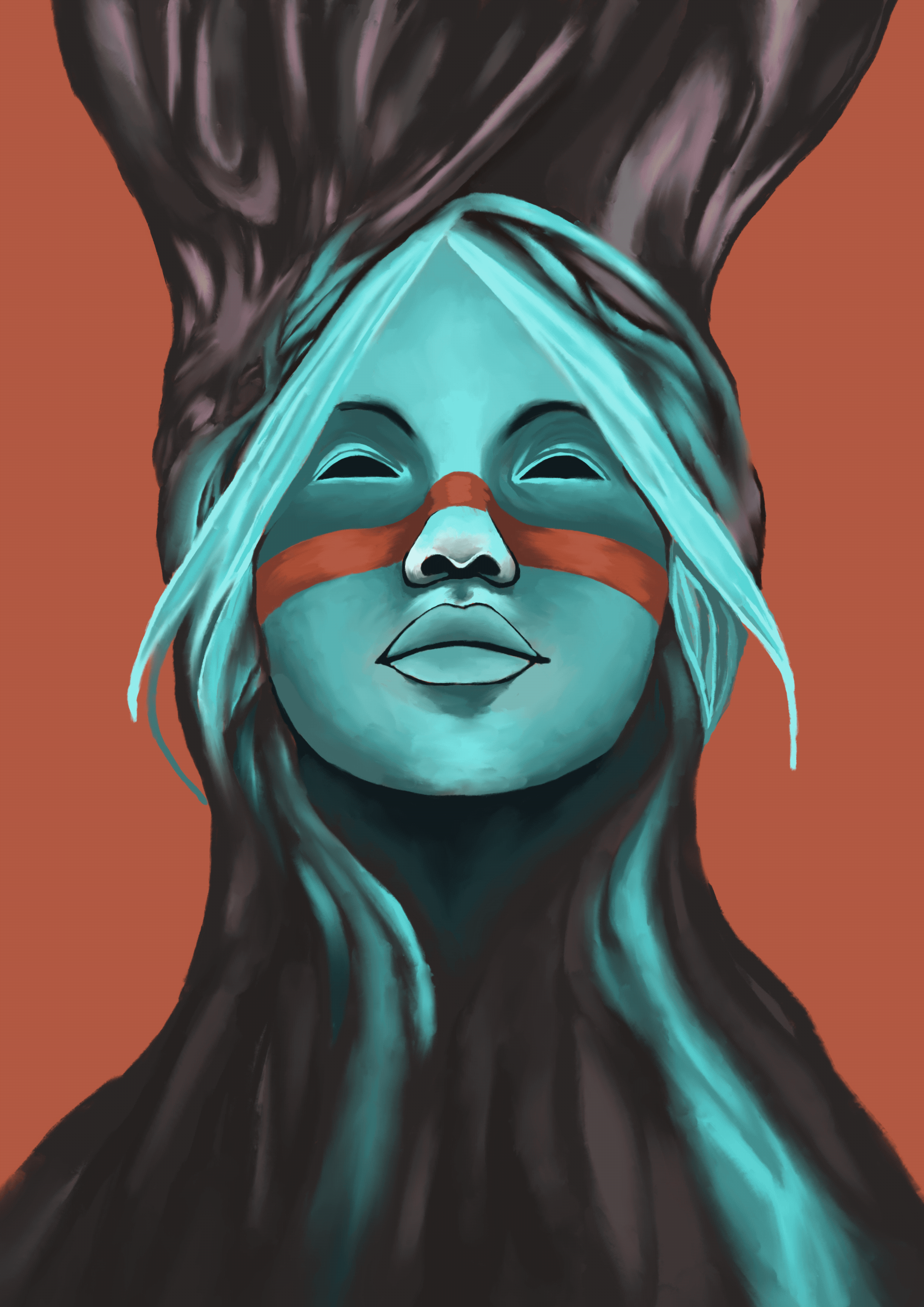 A triptych of stylized illustrations shows a woman with turquoise hair and face paint against a rust-colored background. In…