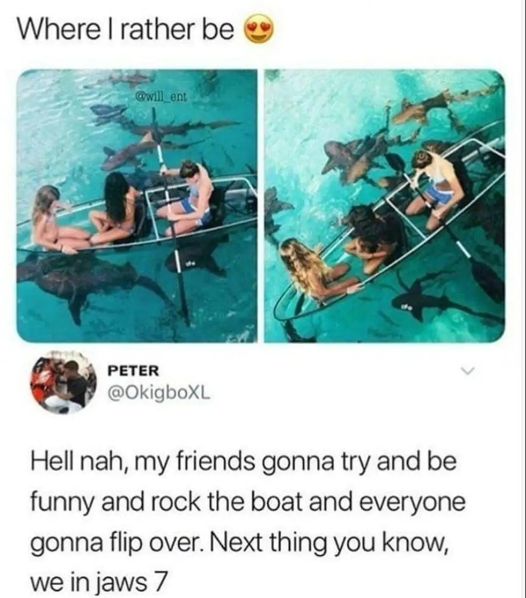 The image shows a split-screen of three people in a small boat surrounded by sharks in clear blue water. The left panel…
