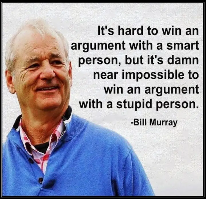A photo of Bill Murray smiling, wearing a blue sweater over a plaid shirt, with a quote overlaid that reads: 'It's hard to…